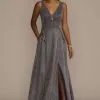 Crisscross Plunge Neck Iridescent Ball Gown