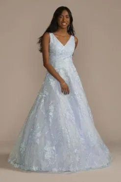 Long V-Neck 3D Floral Ball Gown