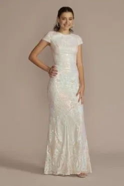 Cap Sleeve Iridescent Patterned Sequin Sheath