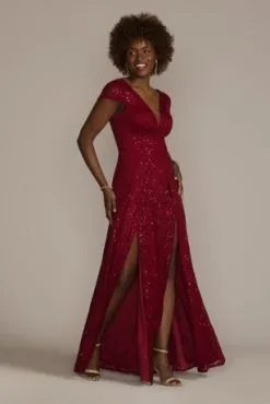 Double Slit Sequin Lace A-Line Dress