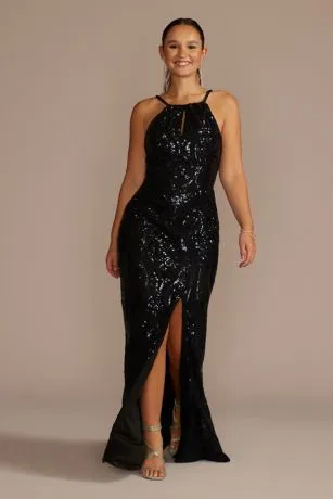 High Neck Keyhole Patterned Sequin Sheath