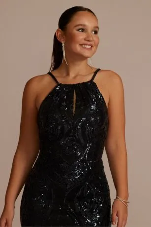 High Neck Keyhole Patterned Sequin Sheath - Image 3