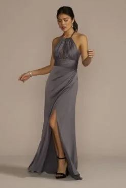 Chain Halter Satin Keyhole Sheath Dress