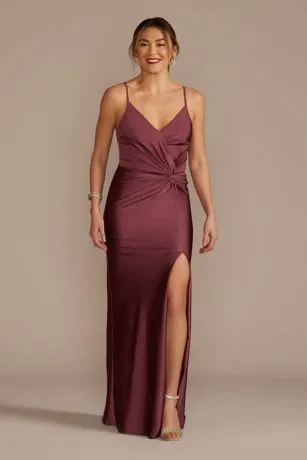 Twist Front Stretch Satin Sheath Dress With Slit