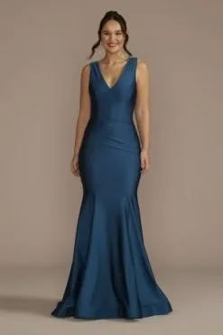 Draped Stretch Satin Plunging Mermaid Dress