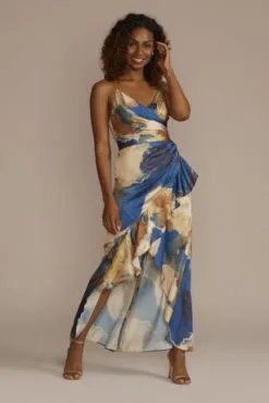 Abstract Floral Charmeuse Ruffle Dress