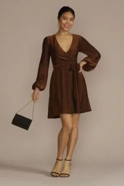 Long Sleeve Glitter Metallic Wrap Dress