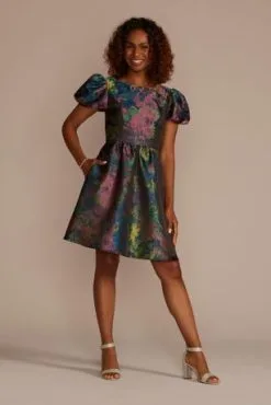 Short Puff Sleeve Open Back Brocade A-Line