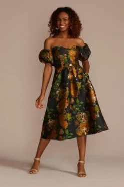 Brocade Off-the-Shoulder Puff Sleeve A-Line