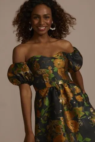 Brocade Off-the-Shoulder Puff Sleeve A-Line - Image 3