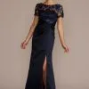 Satin Sheath Gown With Lace Illusion Neck