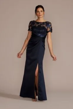 Satin Sheath Gown With Lace Illusion Neck