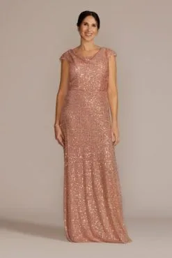 Cowl Neck Cap Sleeve Allover Sequin Gown