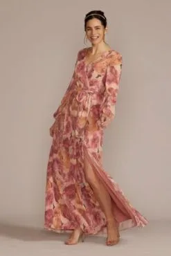 Long Sleeve Floral Chiffon Maxi Dress With Slit