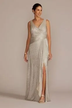 V-Neck Metallic Sheath Gown With Skirt Slit