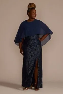 Metallic Lace Sheath Dress With Chiffon Cape