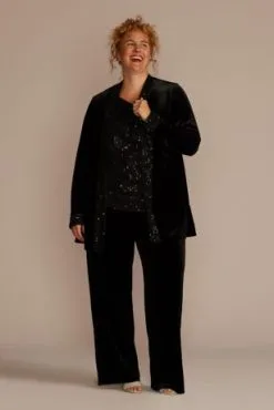 Plus Size Long Sleeve Velvet Sequin Pantsuit