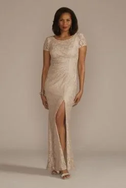 Scoop Neck Gathered Lace Sheath Dress With Slit