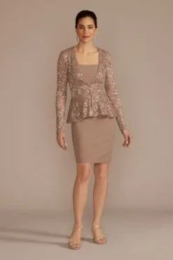 Short Crepe Sheath Dress With Lace Peplum Jacket