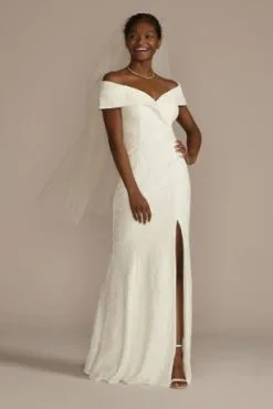 Cuffed Off-the-Shoulder Lace Sheath Gown
