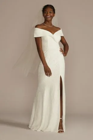 Cuffed Off-the-Shoulder Lace Sheath Gown