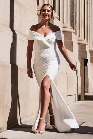 Cuffed Off-the-Shoulder Lace Sheath Gown - Image 4