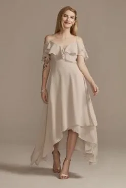 Chiffon Off-the-Shoulder Midi Bridesmaid Dress