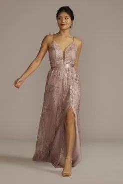 Sequin Embroidered Plunge Bridesmaid Dress