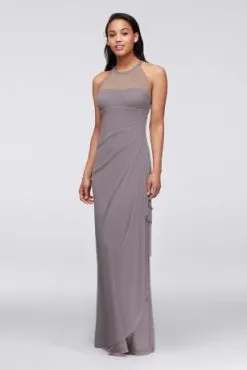 Sleeveless Long Mesh Dress With Illusion Neckline
