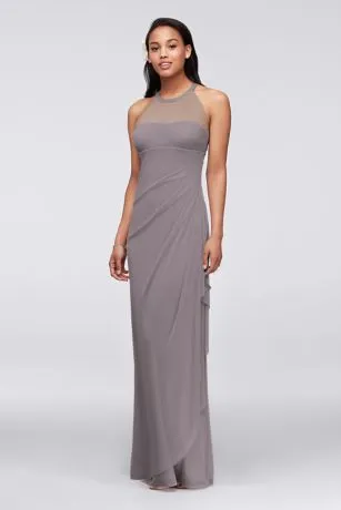 Sleeveless Long Mesh Dress With Illusion Neckline