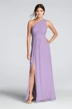 Long One-Shoulder Crinkle Chiffon Dress
