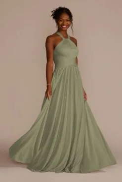 High-Neck Mesh Bridesmaid Dress With Full Skirt