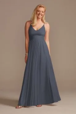 Mesh Cross Waist Spaghetti Strap Bridesmaid Dress