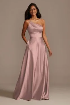 One Shoulder Satin A-Line Long Bridesmaid Dress