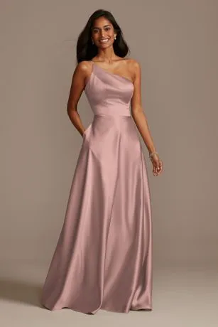 One Shoulder Satin A-Line Long Bridesmaid Dress