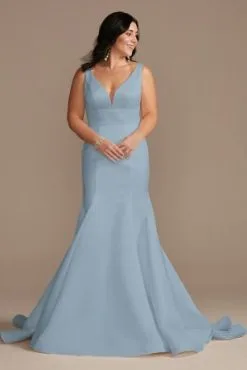 Plunge Mermaid Buttoned Satin Petite Wedding Dress