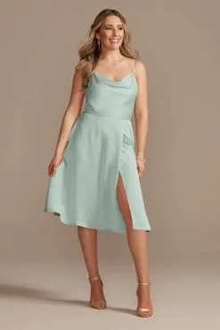 Satin Spaghetti Strap Cowl Midi Bridesmaid Dress