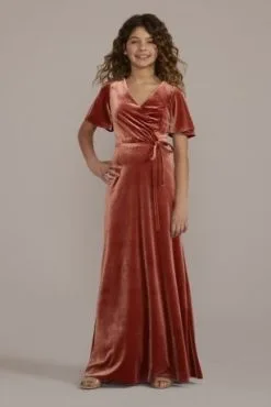 Velvet Flutter Sleeve Junior Bridesmaid Dress