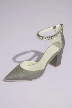 Crystal Strap Glitter Pointed Toe Block Heels