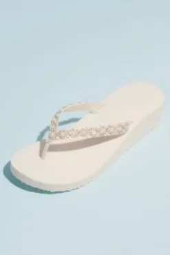 Bead And Pearl Satin Strap Thong Platform Sandals