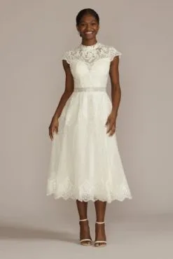Embroidered Mock Neck Tea-Length Wedding Dress