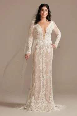 Illusion Plunge Long Sleeve Lace Wedding Dress