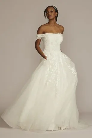 Off Shoulder Trailing Applique Tulle Wedding Dress