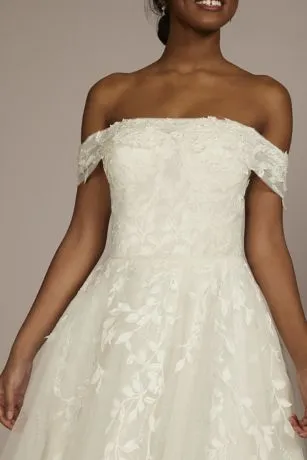 Off Shoulder Trailing Applique Tulle Wedding Dress - Image 3