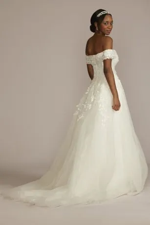 Off Shoulder Trailing Applique Tulle Wedding Dress - Image 2