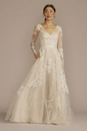 Long Sleeve Pleated Lace Applique Wedding Dress