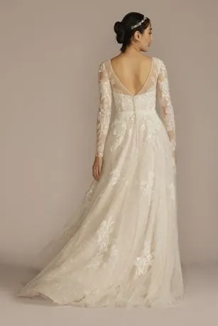 Long Sleeve Pleated Lace Applique Wedding Dress - Image 2