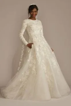 Beaded Lace Long Sleeve Modest Wedding Dress