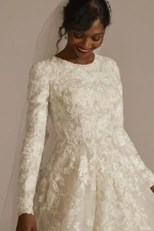 Beaded Lace Long Sleeve Modest Wedding Dress - Image 3
