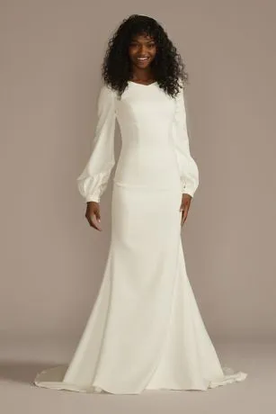 Crepe Billow Sleeve Modest Mermaid Wedding Dress